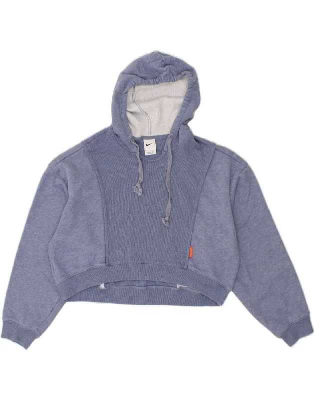 NIKE Womens Oversized Crop Hoodie Jumper UK 14 Medium Blue Cotton Hoodie with Color Block Contrast Stylish NIKE Womens Oversized Crop Hoodie Jumper UK 14 Medium Blue Cotton Hoodie with Color Block Contrast Stylish