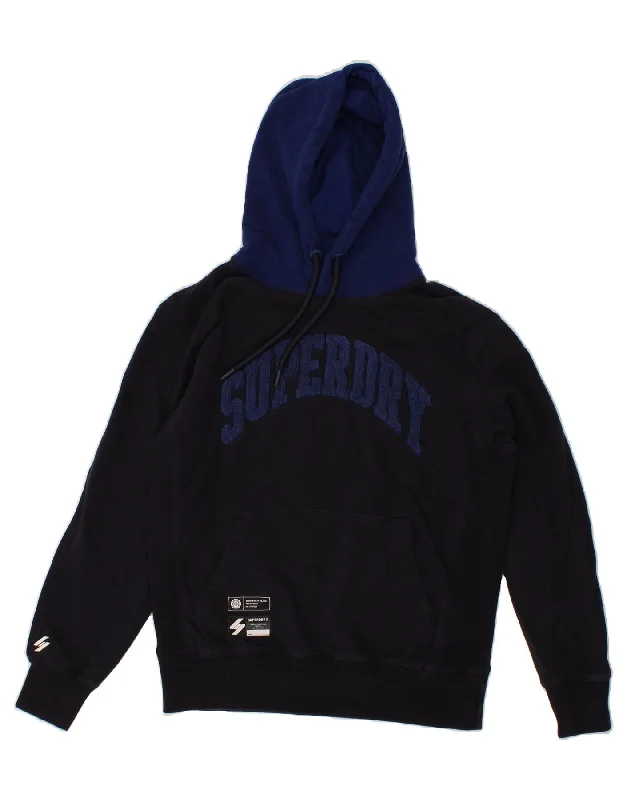 SUPERDRY Mens Graphic Hoodie Jumper Medium Navy Blue Colourblock Cotton Hoodie with Hem Patch Decorative Personalized SUPERDRY Mens Graphic Hoodie Jumper Medium Navy Blue Colourblock Cotton Hoodie with Hem Patch Decorative Personalized