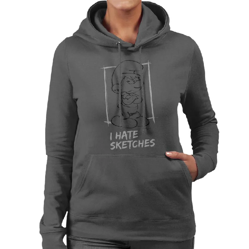 The Smurfs Grouchy I Hate Sketches Women's Hooded Sweatshirt Hoodie with Hem Frayed Vintage Worn The Smurfs Grouchy I Hate Sketches Women's Hooded Sweatshirt Hoodie with Hem Frayed Vintage Worn