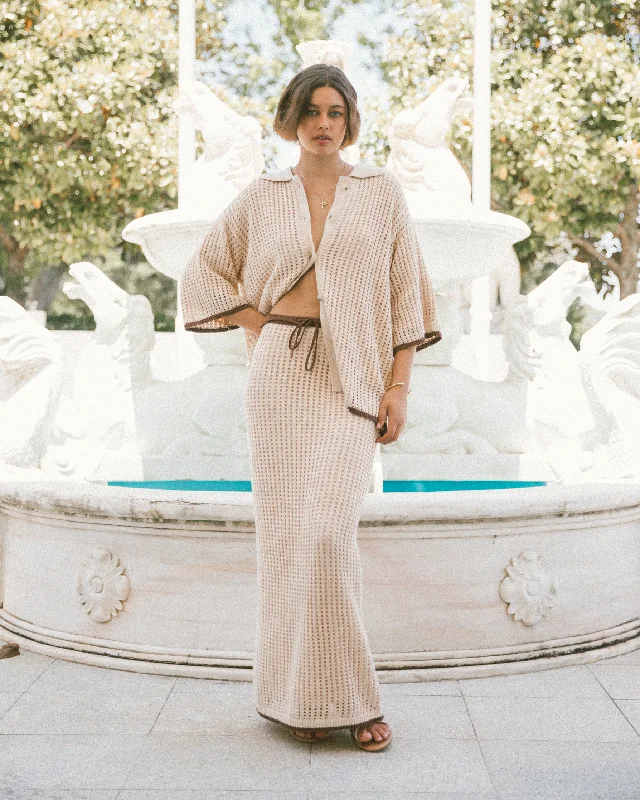 Mia Crochet Maxi Skirt | Beige/Brown corduroy skirt cozy