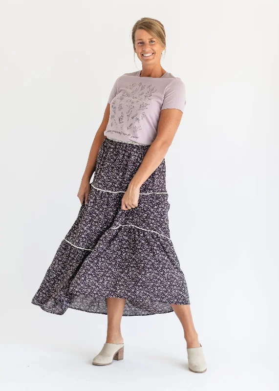 Wilder Purple Floral Lace Tiered Maxi Skirt satin skirt smooth
