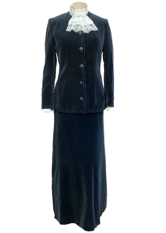 1960s Vintage Blue Velvet Maxi Skirt Suit • Strelitz leather skirt sleek