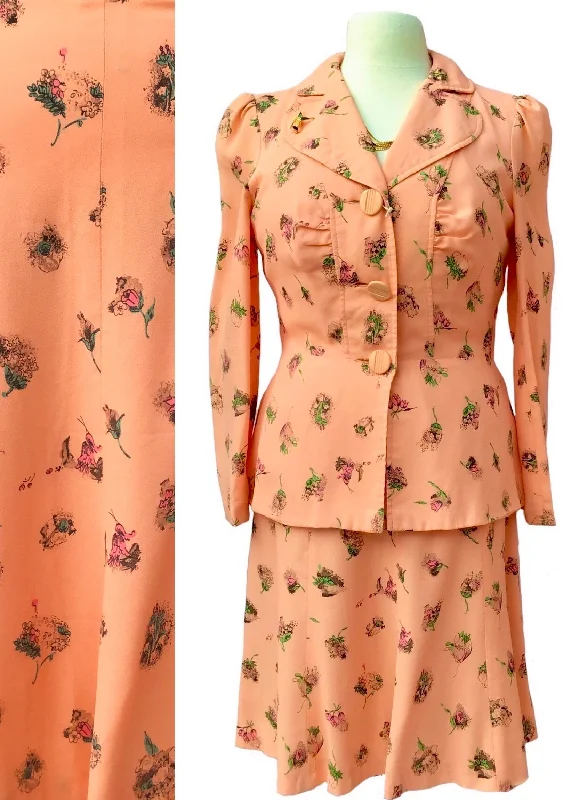 1970s Vintage Peach Floral Crepe Skirt Suit by Creation Mademoiselle summer skirt style