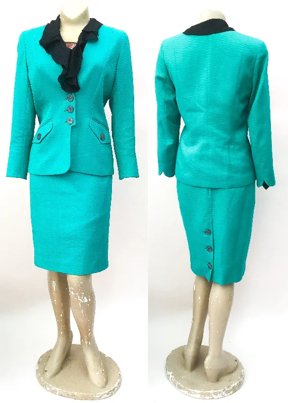 1990s Vintage Caroline Charles Tailored Turquoise Skirt Suit breathable skirt fabric