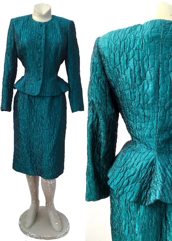 1990s Turquoise Quilted Skirt Suit by Hardie Amies casual skirt length
