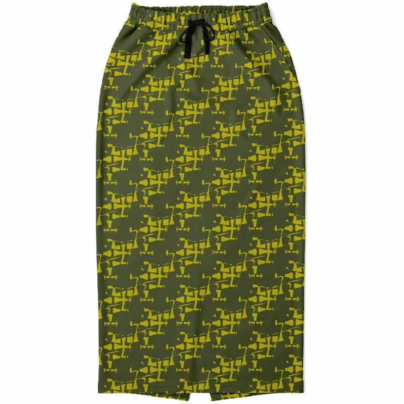ARMY Green Athletic Long Pocket Skirt-Allover 3 Crusader Print wool skirt sturdy