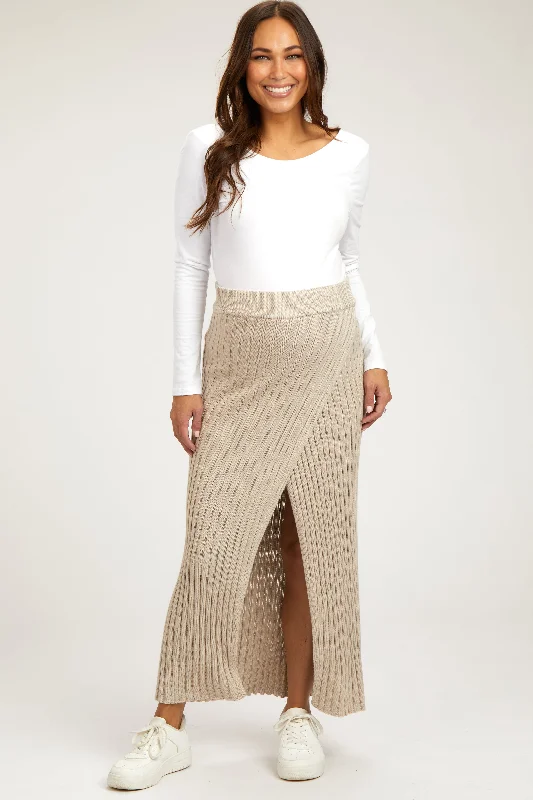 Beige Ribbed Knit Wrap Maternity Maxi Skirt casual skirt length