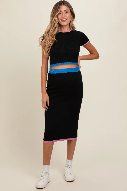 Black Colorblock Crop Top and Skirt Maternity Set cotton skirt soft