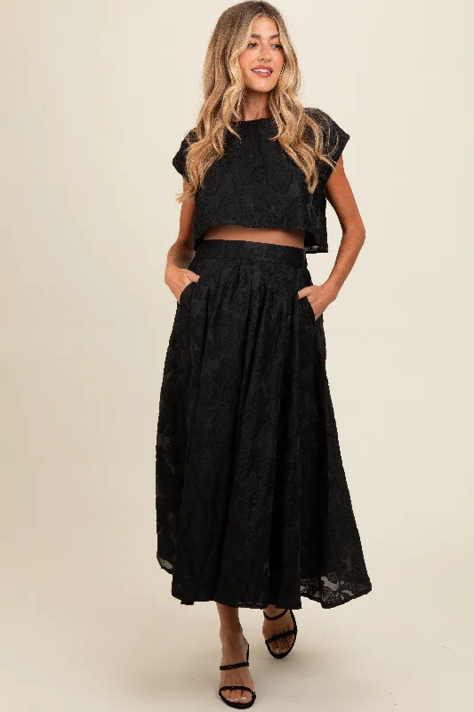 Black Floral Jacquard Crop Top and Skirt Maternity Set corduroy skirt durable