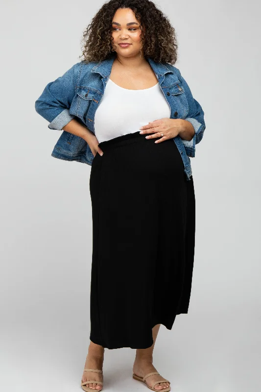 Black Gathered Waist Maternity Plus Midi Skirt a-line skirt cut