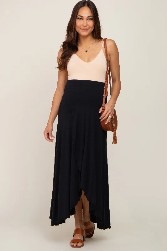 Black Hi-Lo Lettuce Hem Maternity Maxi Skirt wool skirt thick