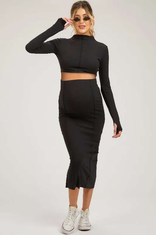 Black Mock Neck Long Sleeve Crop Maternity Midi Skirt Set a-line skirt cut