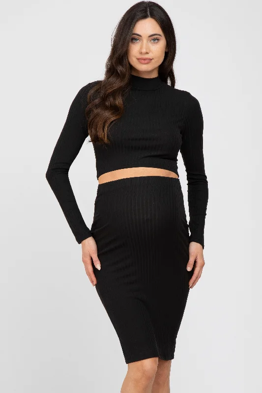Black Mock Neck Top Skirt Maternity Set button skirt front