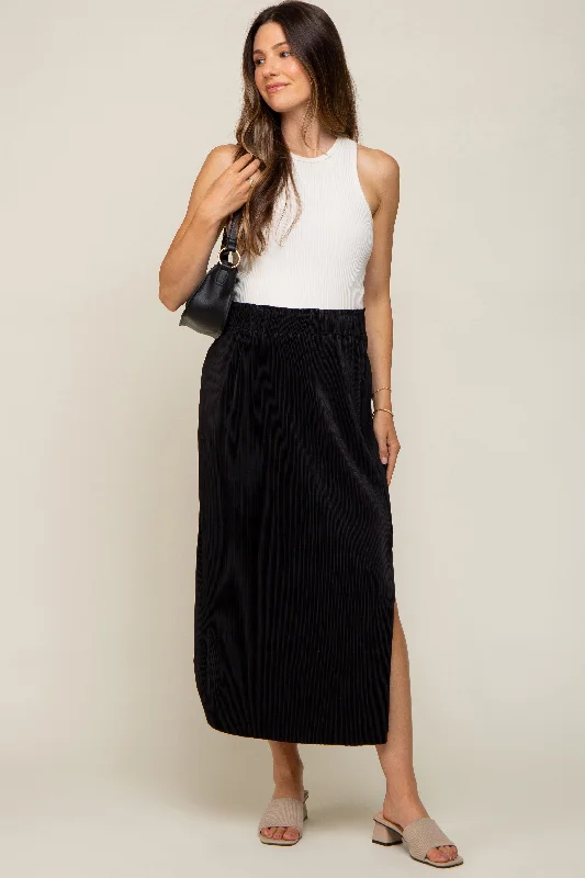 Black Pleated Side Slit Maternity Midi Skirt lace skirt intricate