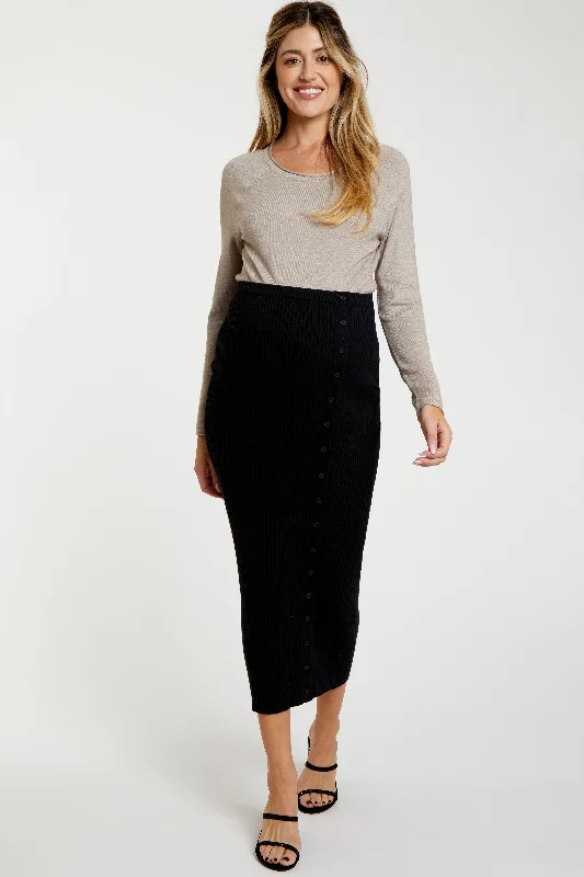 Black Rib Knit Side Button Maternity Maxi Skirt flowy skirt hem