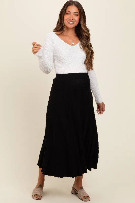 Black Ribbed Knit A-Line Midi Maternity Skirt wool skirt sturdy