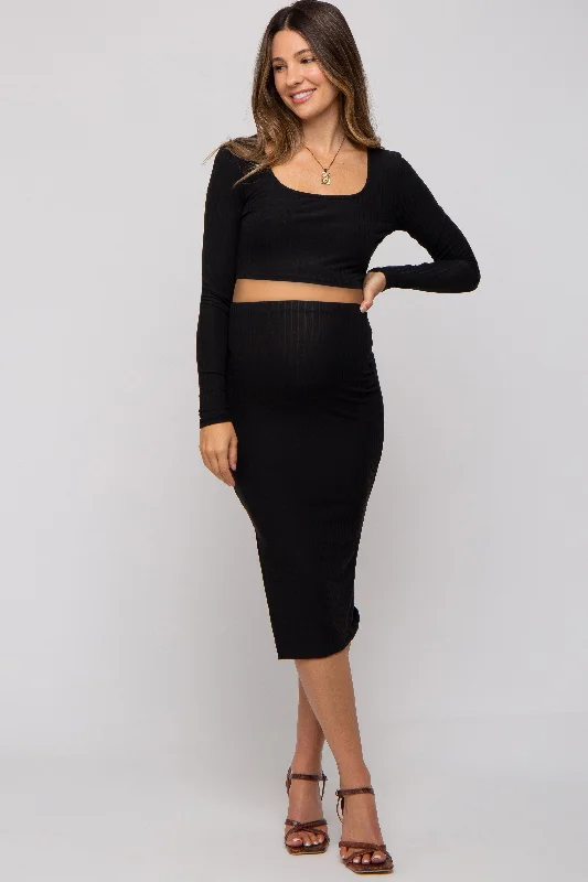 Black Ribbed Maternity Crop Top Midi Skirt Set leather skirt sleek