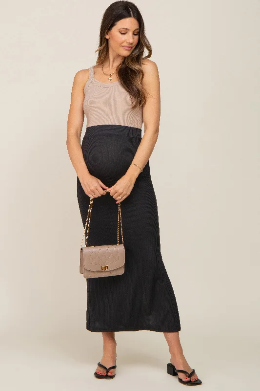 Black Ribbed Side Slit Maternity Midi Skirt chiffon skirt delicate