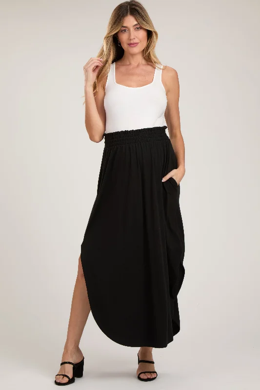 Black Smocked Rounded Hem Maternity Maxi Skirt summer skirt style