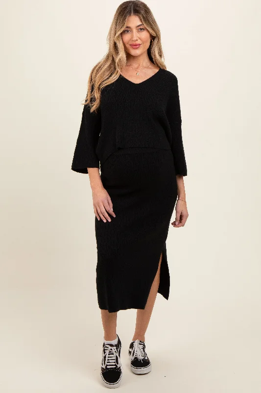 Black V-Neck Knit Maternity Skirt Set low waist skirt