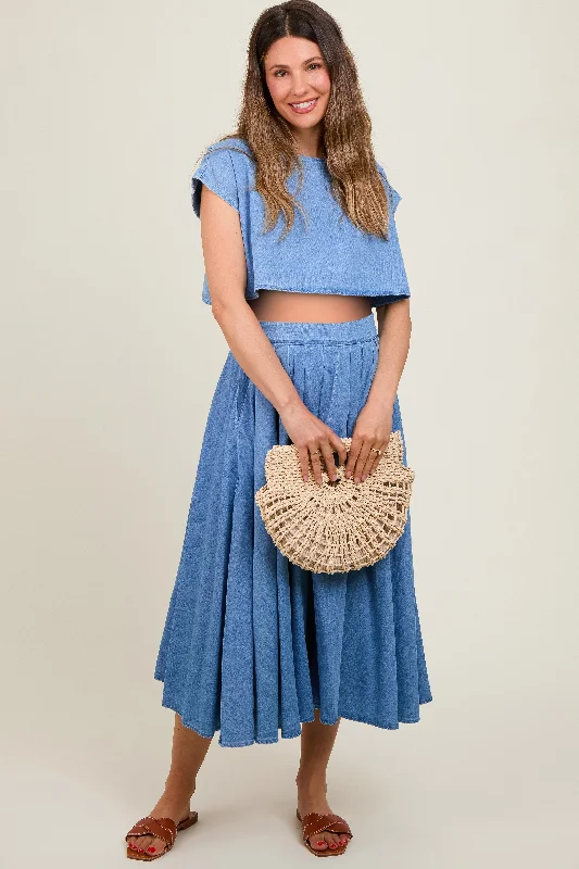 Blue Chambray Crop Top and Skirt Maternity Set high waist skirt