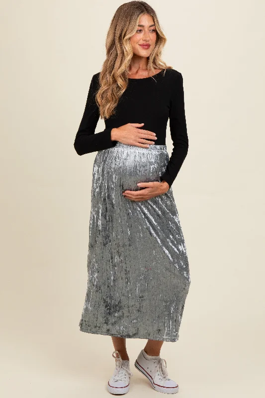 Blue Velvet Crinkled Maternity Midi Skirt silk skirt lustrous