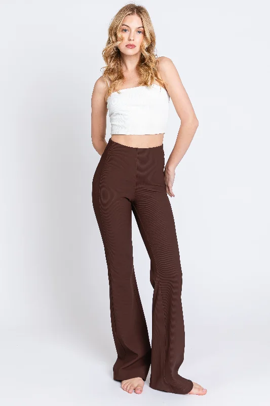 Brown Ribbed Flared Leggings Trendy Minimalist Leggings