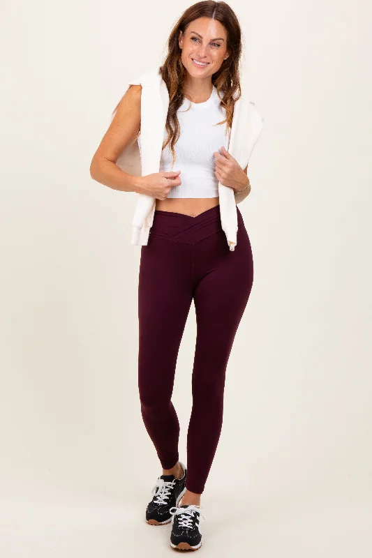 Burgundy Crossover Waistline Leggings Trendy Seamless Sports Leggings
