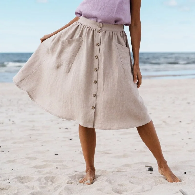 Buttoned Front Linen Skirt CAPRI In Natural high slit skirt