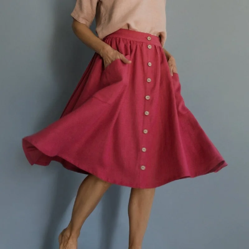 Buttoned Front Linen Skirt CAPRI In Raspberry patchwork skirt art