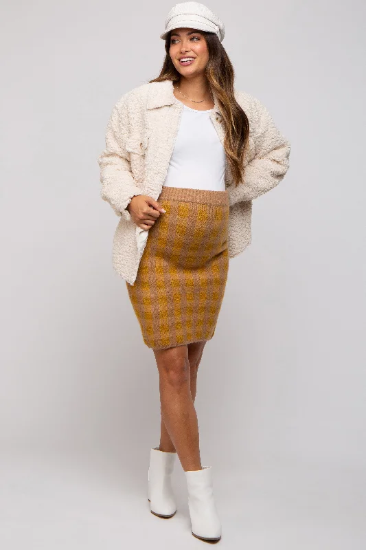 Camel Plaid Fuzzy Knit Fitted Maternity Skirt relaxed fit skirt