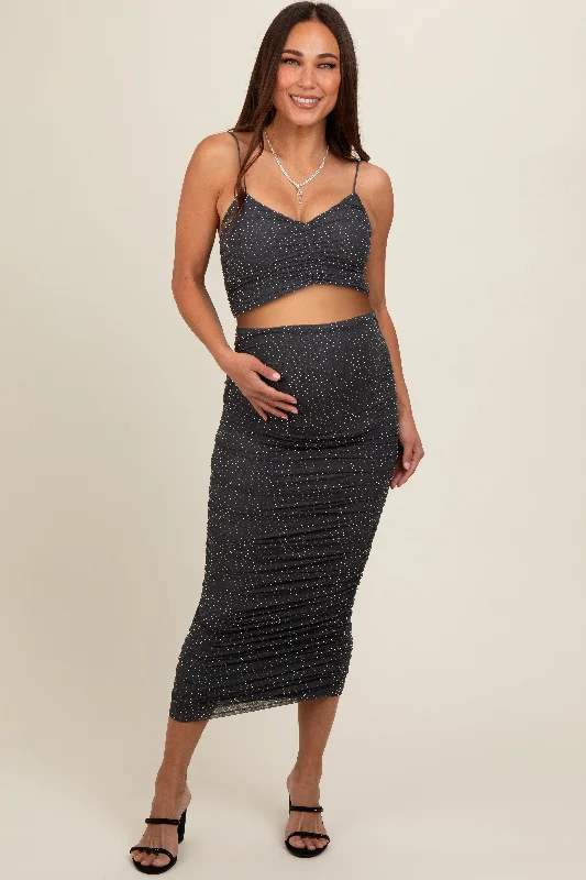 Charcoal Rhinestone Crop Top and Skirt Maternity Set denim skirt casual