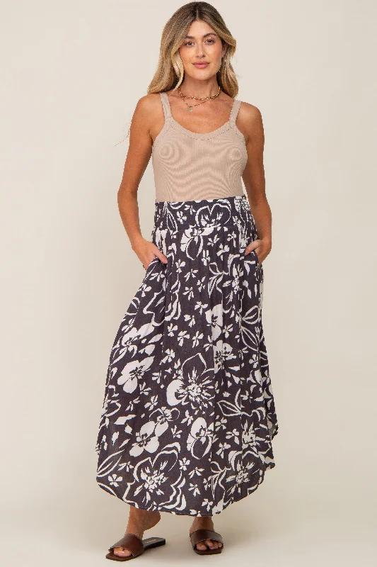 Charcoal Tropical Floral Smocked Waist Round Hem Maternity Midi Skirt denim skirt trendy