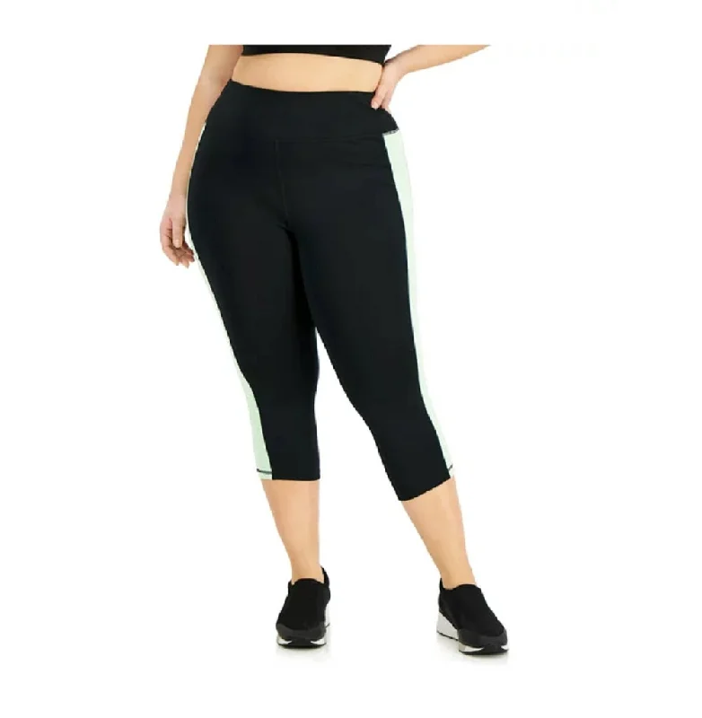 ID Ideology Women's Plus Size Colorblocked Capri Leggings, Noir Green Ash, 2X Comfortable Plus Size Leggings