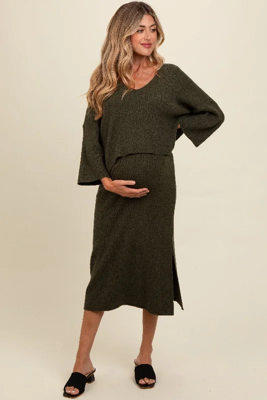Forest Green Textured Knit Top And Midi Skirt Maternity Set leather skirt bold