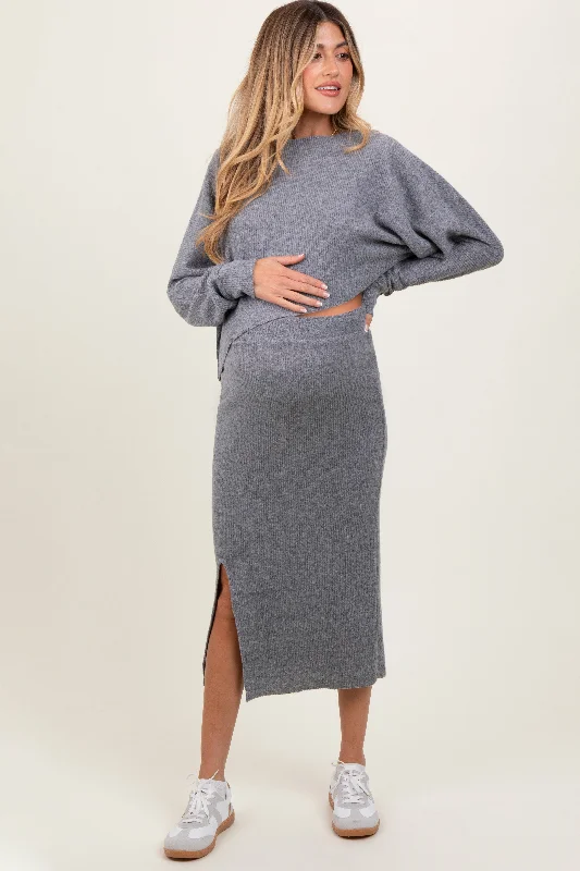 Heather Grey Ribbed Knit Asymmetric Top Midi Skirt Maternity Set linen skirt relaxed