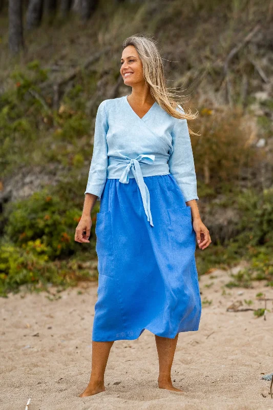 High Waist Deep Pockets MIDI Linen Skirt In Blue silk skirt lustrous