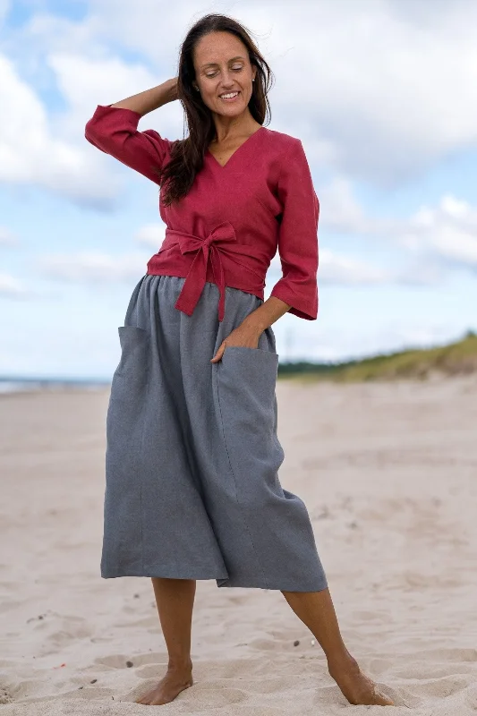 High Waist Deep Pockets MIDI Linen Skirt In Grey tiered skirt playful