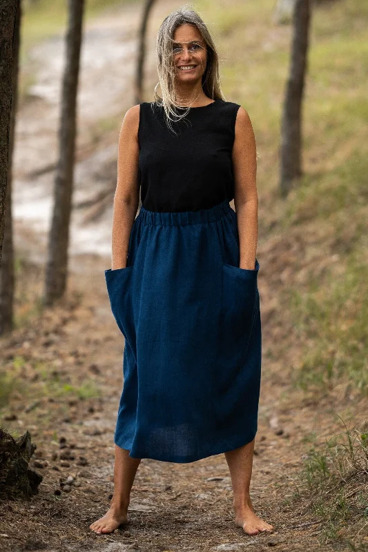 High Waist Deep Pockets MIDI Linen Skirt In Midnight Blue satin skirt smooth