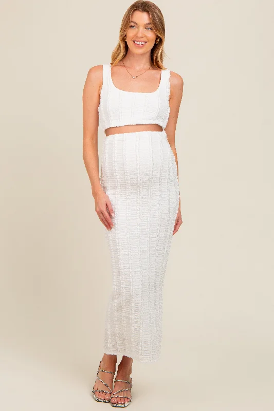 Ivory Crop Top Side Ruched Long Pencil Skirt Maternity Set seamless skirt comfort