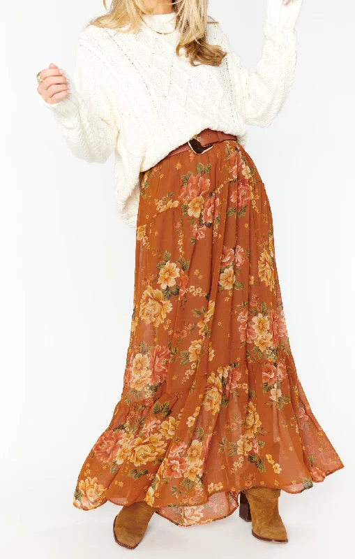 Larina Midi Skirt ~ Garden Harvest satin skirt smooth
