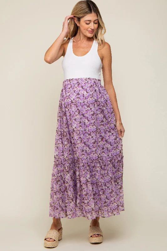 Lavender Smocked Waist Tiered Maternity Maxi Skirt leather skirt sleek