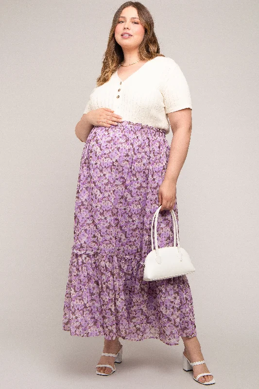 Lavender Smocked Waist Tiered Maternity Plus Maxi Skirt silk skirt smooth