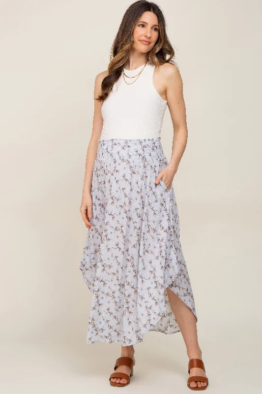 Light Blue Floral Smocked Maternity Midi Skirt linen skirt natural