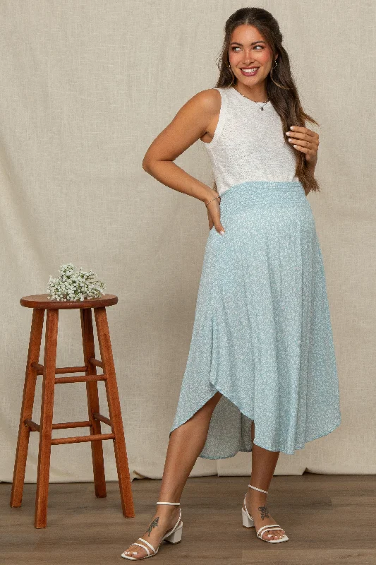 Light Blue Floral Smocked Waist Maternity Midi Skirt velvet skirt plush