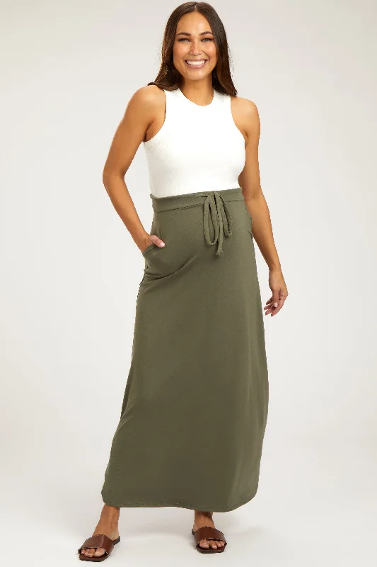 Light Olive Drawstring Maternity Maxi Skirt slim fit skirt