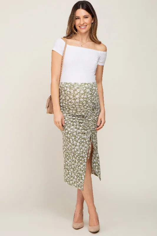 Light Olive Floral Drawstring Front Maternity Midi Skirt velvet skirt glossy