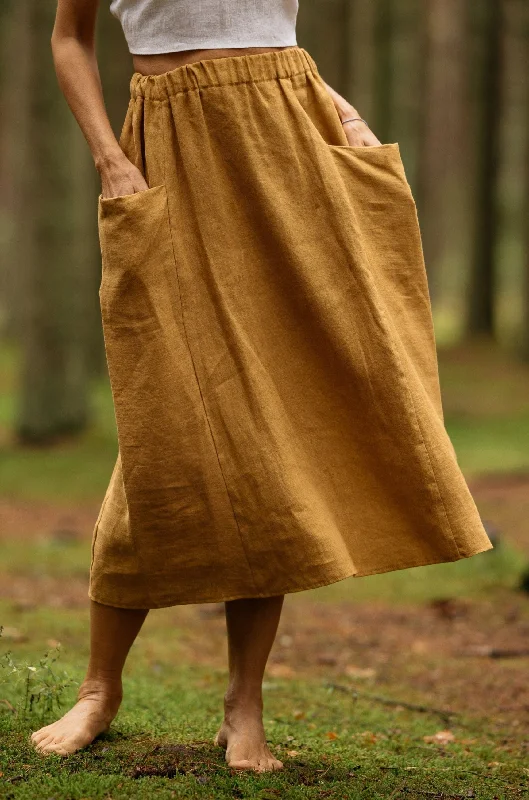 Linen Skirt MIDI With Pockets In Amber Yellow belted skirt waist