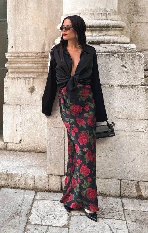 Maci Maxi Skirt ~ Send Me Roses asymmetrical skirt cut