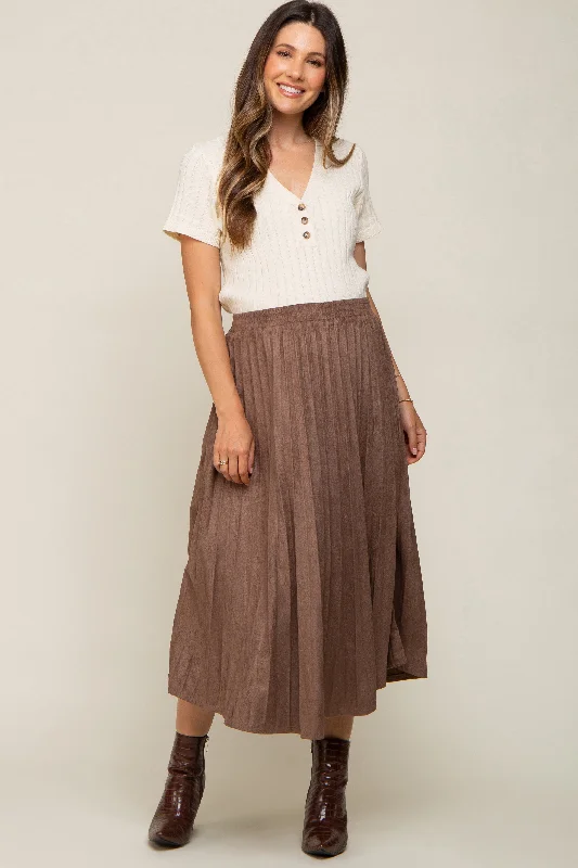 Mocha Suede Pleated Maternity Midi Skirt linen skirt breathable